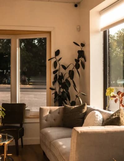 Sunlit room with sofa beneath large windows